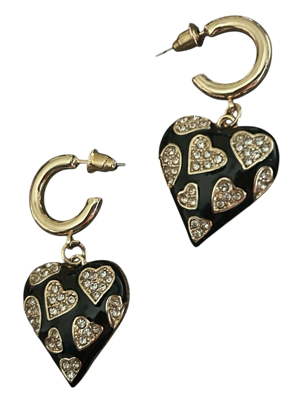 Vintage-inspired black enamel heart charm with pave crystals on a gold tone hoop